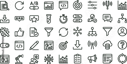 Workflow optimization analytics outline icon set with automation performance monitoring communication testing symbols for dashboards apps presentations websites interface design
