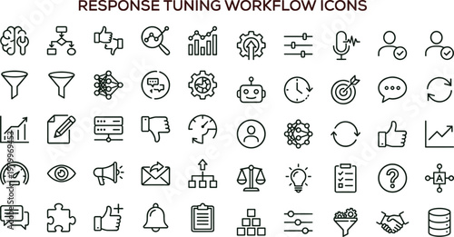 Response tuning workflow outline icon set with automation analytics performance optimization communication symbols for dashboards apps presentations web technology interfaces