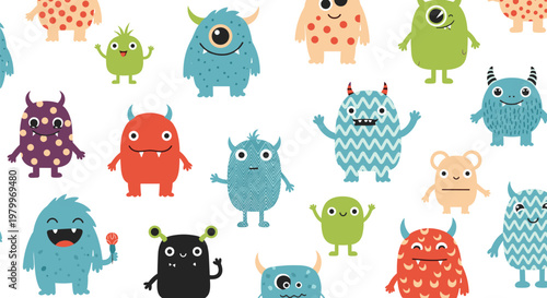 Whimsical monster pattern showcases various colorful and quirky characters with unique shapes and friendly smiles on a clean background.