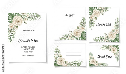 Minimal watercolor wedding invitation set with garden roses wax flowers and tropical leaves vector design