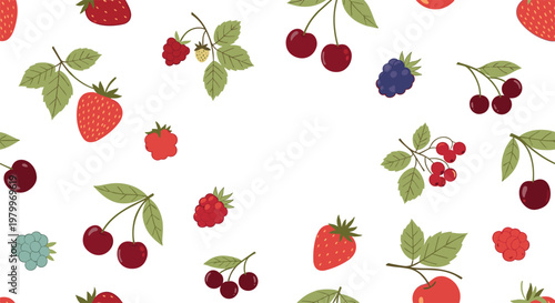 Vibrant berry pattern includes fresh strawberries, cherries, raspberries, and blackberries with green leaves in a seamless repeat.