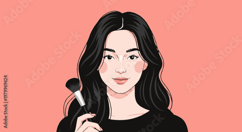 Woman with makeup brush posing against pink backdrop vector illustration