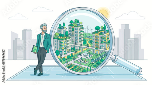 Successful urban planning consultant leaning on a giant magnifying glass showcasing a sustainable green city with vertical gardens, concept for sustainability, urban development and architecture