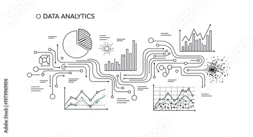Abstract data analytics pipeline with charts and graphs.
