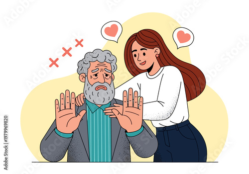 Elderly Man Refusing Manipulative Care or Potential Financial Scam from Younger Woman, Elder Abuse and Senior Protection Concept