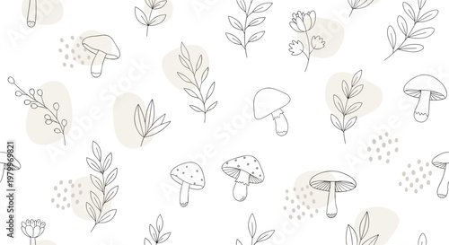 Delicate nature pattern features fine line drawings of mushrooms and leaves with subtle pastel spots on a white background.