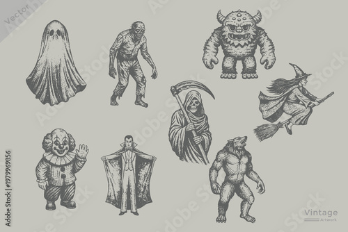 Witch flying, ghost, vampire, zombie, skeleton, grim reaper, werewolf, devil, monster Halloween element set in vintage engraving style vector illustration. experimental grunge dotted texture Retro