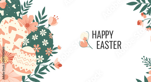 Happy Easter banner features beautifully decorated eggs surrounded by soft pink flowers and green leaves on a white background.