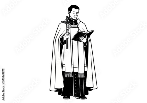 Catholic Priest in Liturgical Vestments Holding Crucifix and Reading Bible, Minimalist Line Art Vector Illustration