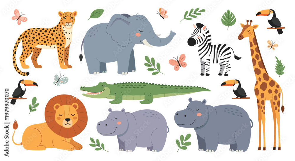 Naklejka premium Large collection of cute safari animals including a lion, elephant, giraffe, zebra, leopard, crocodile, hippo, and tropical birds.