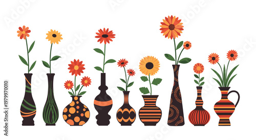 Decorative row of colorful flowers in various patterned vases with ethnic and geometric designs on a clean white background.