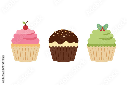 Set of Three Delicious Cupcakes with Cherry, Nut Chocolate and Mint Leaf Toppings, Sweet Dessert Pastry Icons Isolated on White Background Vector Art