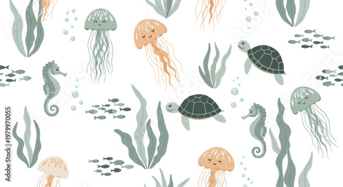 Underwater seamless pattern with smiling jellyfish, sea turtles, seahorses, and schools of fish swimming among aquatic plants and bubbles.