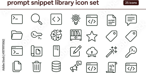 Prompt snippet library outline icon set with coding script management workflow symbols for dashboards apps presentations web interface development systems