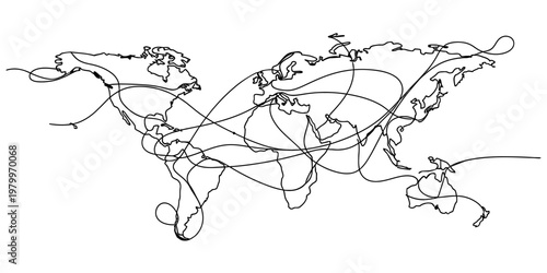 An abstract line drawing illustrating complex global travel routes across a world map background.