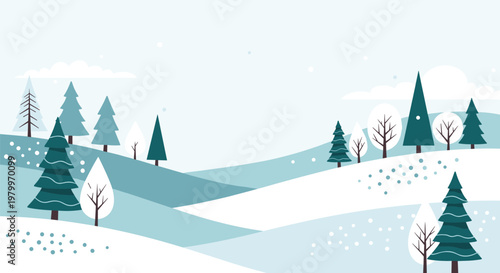 Serene winter landscape illustration featuring rolling snowy hills, a variety of evergreen trees, and light snowfall in soft blue tones.