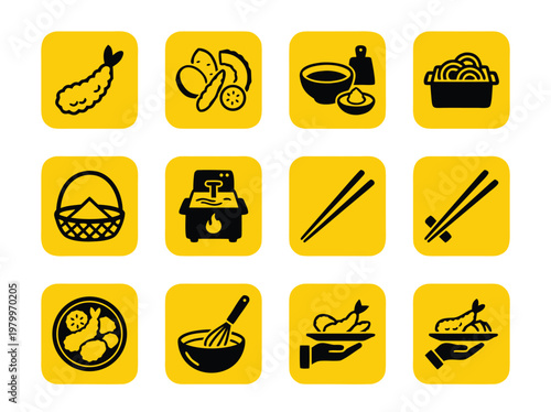 Set of deep fried food and cooking equipment icons in yellow squares.