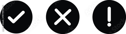 Black circular with checkmark, cross, and exclamation mark symbols circle