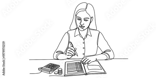 A woman sitting at a desk and carefully writing her financial budget in a notebook with a pen