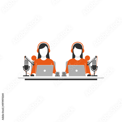 Two individuals engaged in a podcast recording session with laptops and microphones