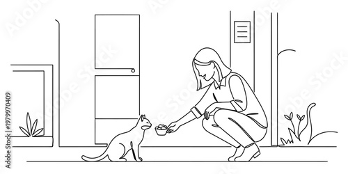 A young woman crouching down to feed a hungry little cat outside of her house in the afternoon