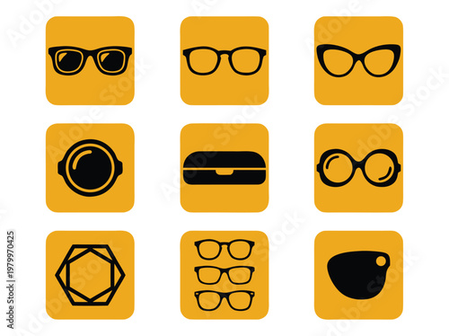 Set of Nine Eyewear and Optical Equipment Flat Vector Icons.