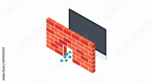 Isometric Network Firewall Concept: Computer Monitor Behind Red Brick Wall Representing Cybersecurity, Data Filtering, and Digital Protection