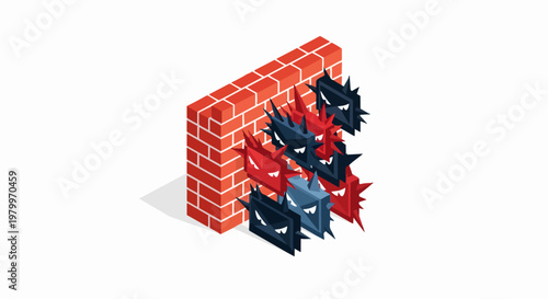 Isometric Firewall Security Concept: Red Brick Wall Protecting Against Digital Virus, Malware, and Cyber Attacks on White Background