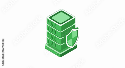 Green Isometric Server Rack with Protection Shield Icon - Cybersecurity and Data Protection Concept