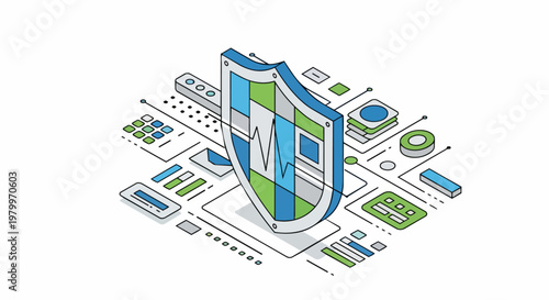 Isometric Cyber Security and Data Protection Shield Concept, Healthcare Medical Data Security, Information Privacy and Network Safety Illustration