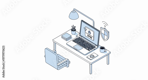 Isometric Illustration of a Secure Workspace with VPN Technology on Laptop for Online Privacy and Cybersecurity