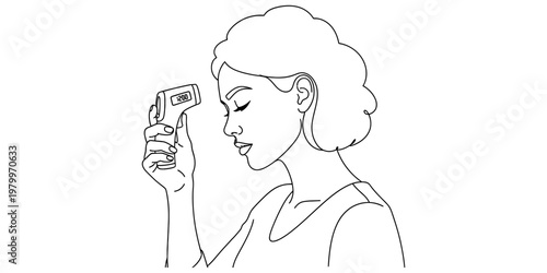 A black and white line drawing of a woman checking her body temperature with an infrared device