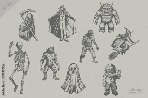 Creepy Halloween elements with vintage stippling photocopy effect. zombie, skeleton, grim reaper, werewolf, monster, Witch flying, ghost, in vintage engraving style vector illustration.