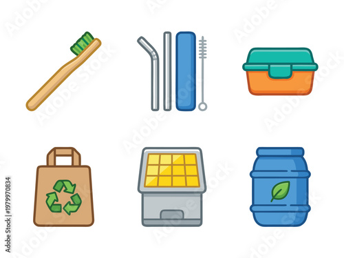 Set of eco friendly lifestyle icons for sustainable living.