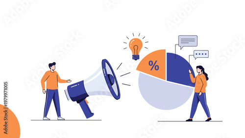 Man shouting through a large megaphone at a colorful pie chart while a woman observes representing marketing and data analysis.