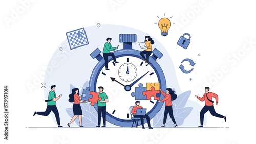 Professional team of coworkers collaborating on various tasks around a giant stopwatch representing time management.