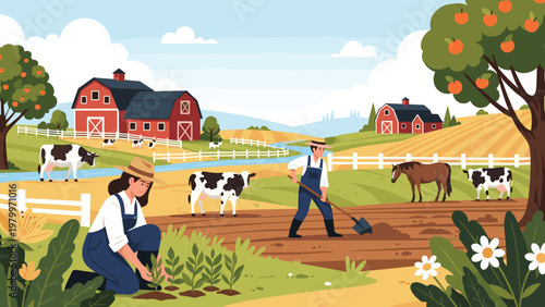 Detailed flat illustration of a farm landscape with farmers working in the fields, livestock, red barns, and green hills.
