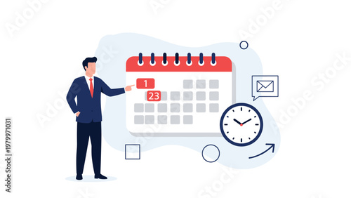 Professional businessman pointing at a calendar with important dates next to a clock and an email icon for task scheduling.