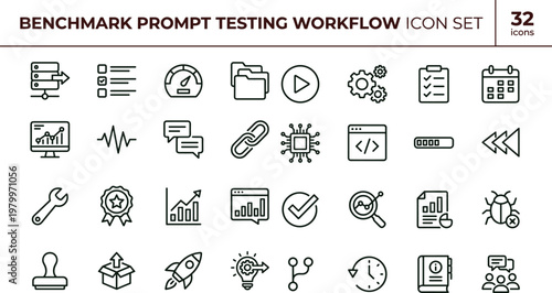 Benchmark prompt testing workflow outline icon set with performance evaluation analytics validation symbols for dashboards apps presentations web interface development systems