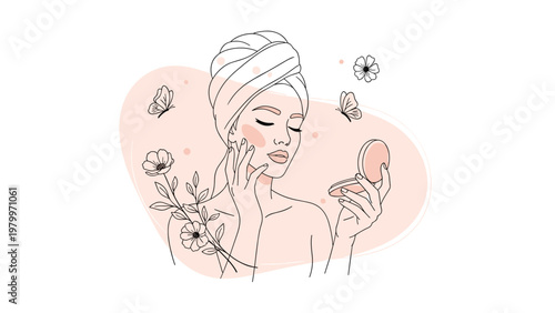 Artistic line drawing of a beautiful woman with a towel on her head applying skincare while holding a small mirror.