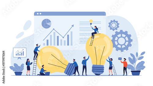 Creative team working together around large glowing light bulbs with a data dashboard and gears in the abstract background.