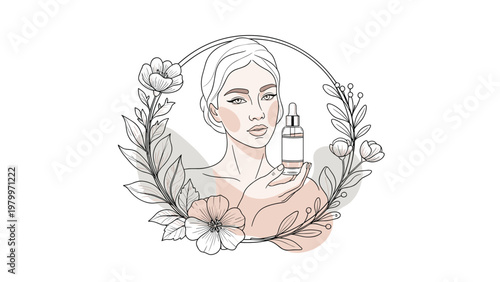 Artistic line art of a woman holding a cosmetic serum bottle within a floral wreath with botanical leaves and spring flowers.