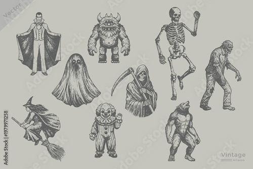 Witch flying, ghost, vampire, zombie, skeleton, grim reaper, werewolf, devil, monster Halloween element set in vintage engraving style vector illustration. experimental grunge dotted texture Retro