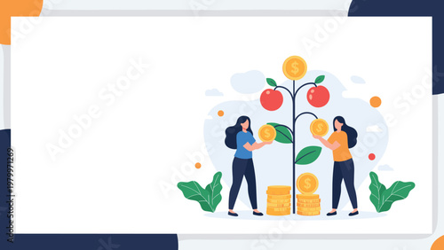 Two women harvesting gold coins from a tree with red fruit representing financial investment growth and a successful harvest.