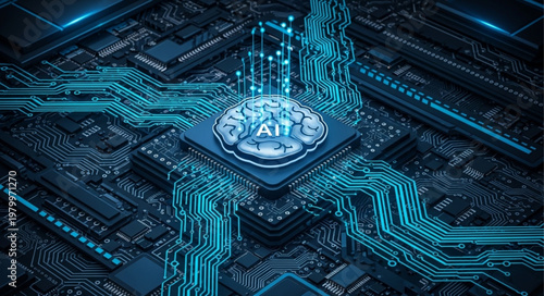 Artificial intelligence microchip glowing on circuit board.
