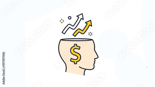 Human head silhouette with a dollar sign inside and rising arrows coming out of the top representing a wealthy mindset and profit.