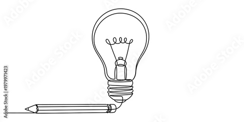 A single continuous line drawing of a graphite pencil creating an illuminated light bulb shape