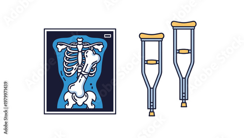 Medical illustration showing a bone fracture on a diagnostic x-ray film alongside a pair of orthopedic crutches for injury recovery.