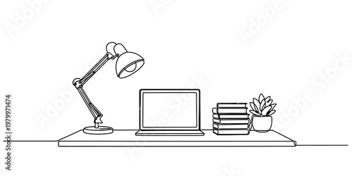 A simple continuous line drawing of a tidy workspace featuring a laptop lamp book and a plant