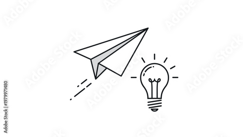 Conceptual illustration of a paper plane flying upward next to a bright lightbulb representing the launch of a new creative business idea.